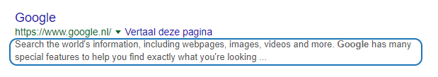 De omschrijving van een Google indexatie